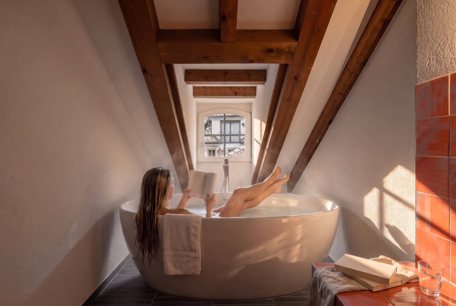 Freistehende Badewanne unter der Dachschräge einer ODA Suite